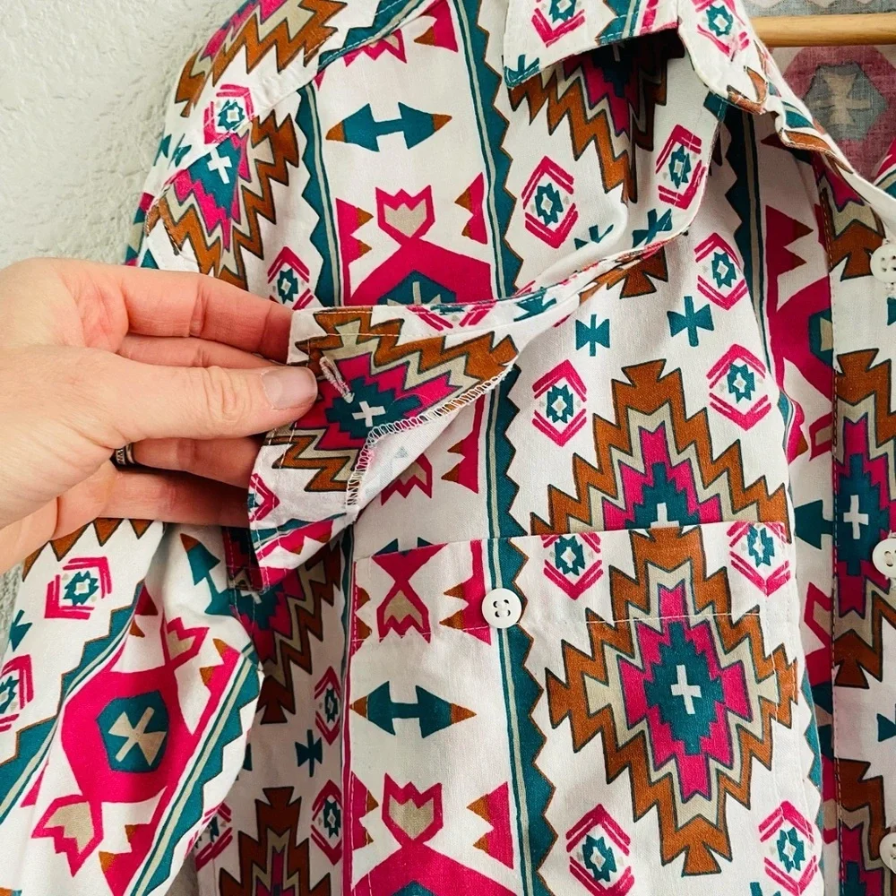 Vintage Geometric Button Down Shirt - Pink, Brown, Blue - Picture 9 of 13